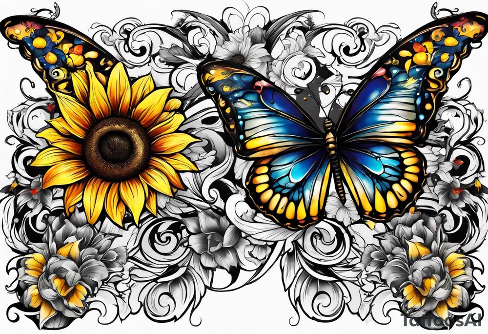 Arm sleeve with Winged cross with sunflower and butterflies tattoo idea