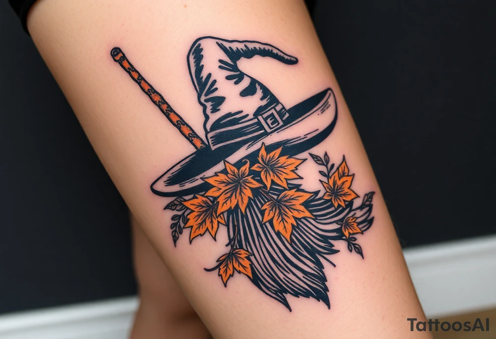 Which is broom with handle
 a witches hat with fall maple leaves and vines tattoo idea