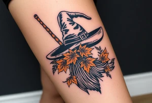 Which is broom with handle
 a witches hat with fall maple leaves and vines tattoo idea