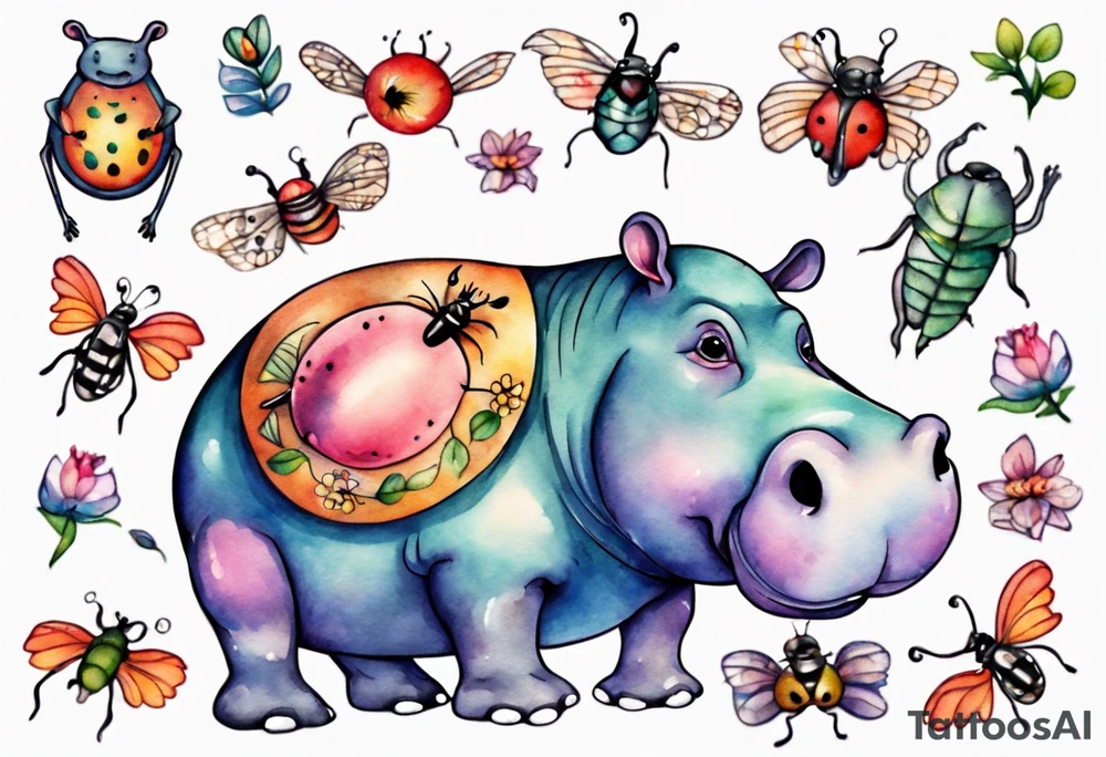 Whimsical tattoo of a hippo and a bug. Colorful and cute tattoo idea
