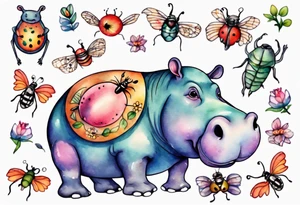 Whimsical tattoo of a hippo and a bug. Colorful and cute tattoo idea