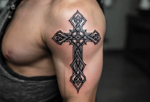 A shadowy gray Celtic cross with subtle shading, creating a ghostly, mysterious effect. tattoo idea