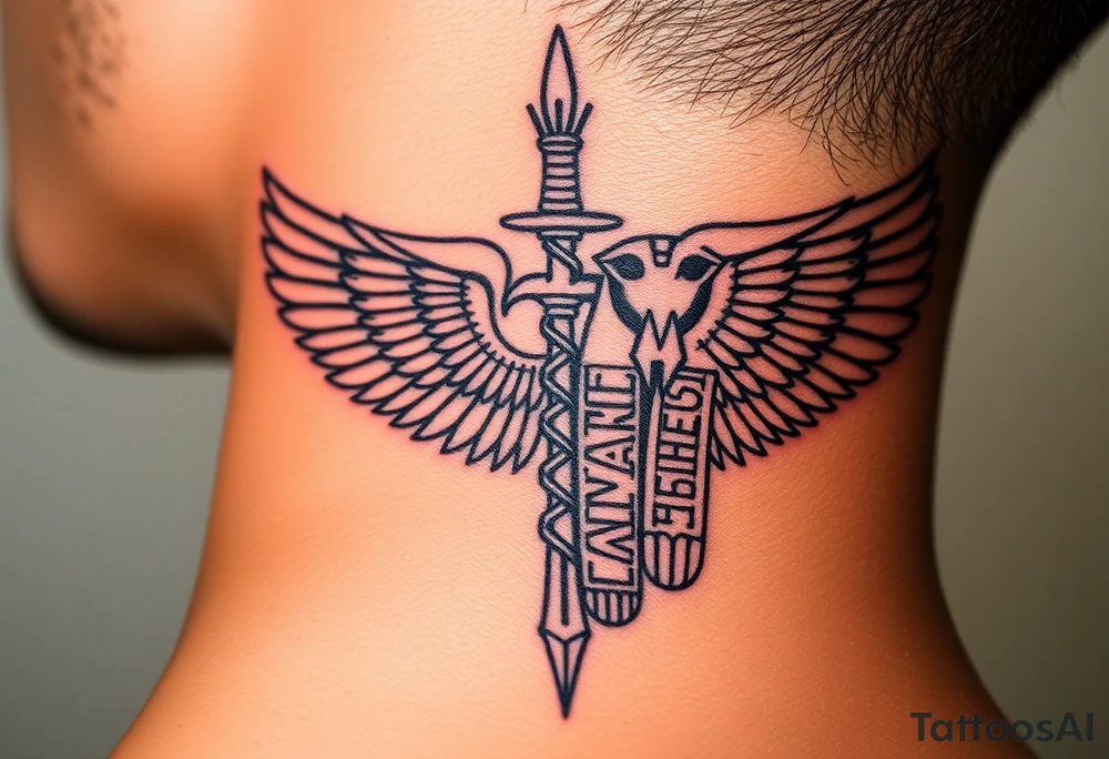 powerful representation of love and hate with an Egyptian theme something meaningful like a sord with the words of affirmation tattoo idea