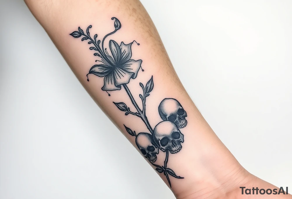 Aconitum flower going up the arm with details gothic style with skulls tribal tattoo idea