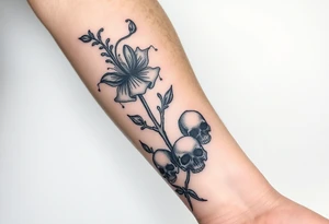 Aconitum flower going up the arm with details gothic style with skulls tribal tattoo idea