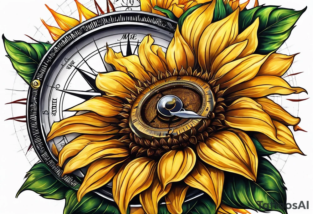 Sunflower next to a compass tattoo idea
