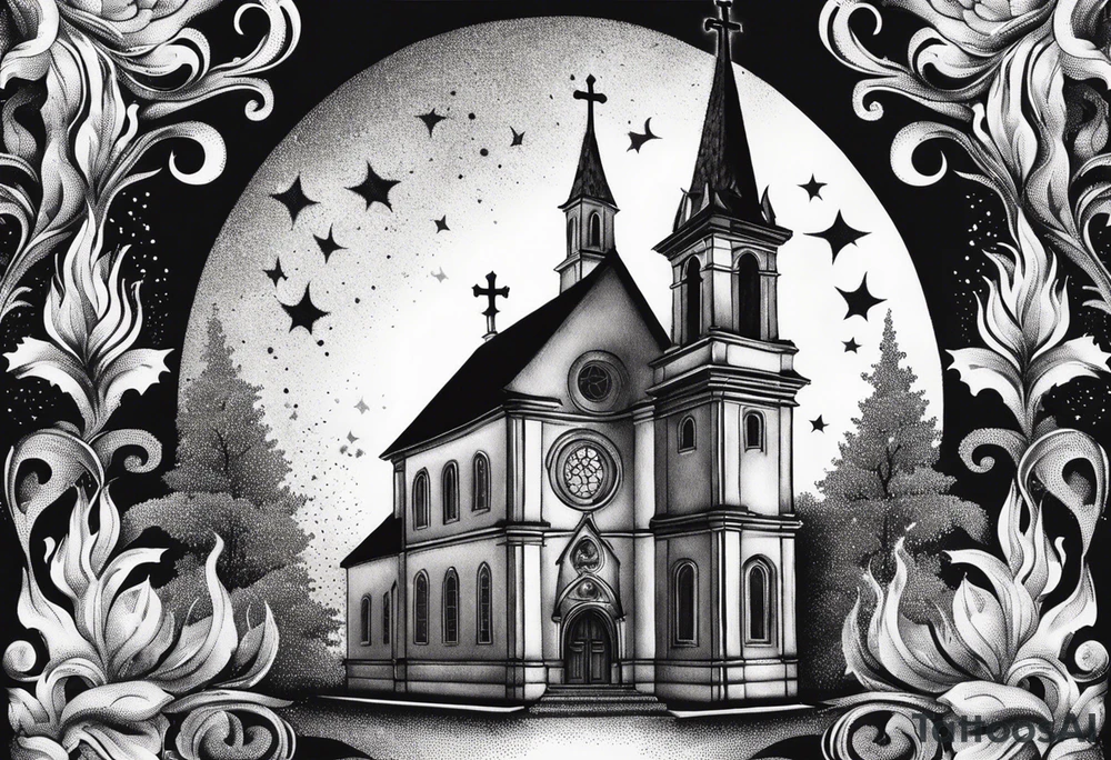 church with flames tattoo idea