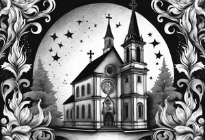 church with flames tattoo idea