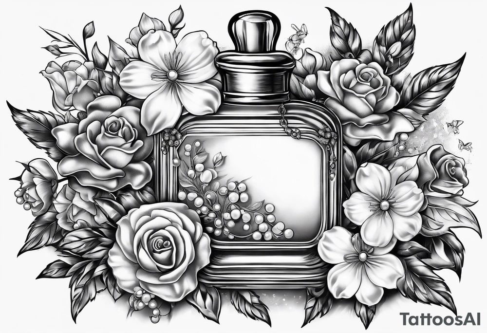 Pearl necklace wrapped around 1950s perfume bottle with flowers and bows surrounding tattoo idea