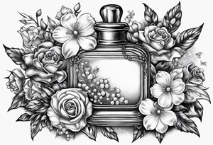 Pearl necklace wrapped around 1950s perfume bottle with flowers and bows surrounding tattoo idea