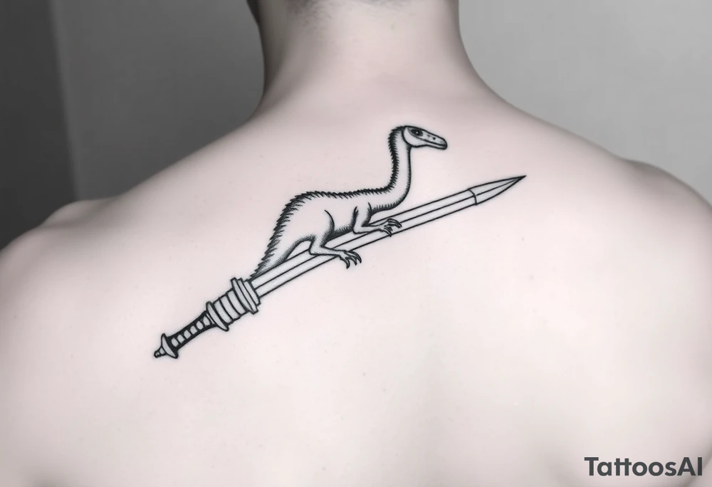 Tattoo image idea that shows a fingolfin sword and has a Brachiosaurus dinosaur incorporated with the sword. Tattoo will be placed on forearm. tattoo idea