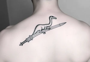 Tattoo image idea that shows a fingolfin sword and has a Brachiosaurus dinosaur incorporated with the sword. Tattoo will be placed on forearm. tattoo idea