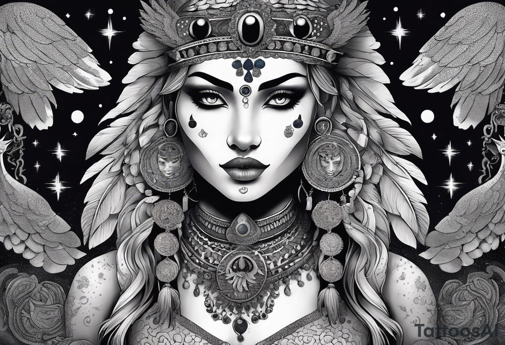 black kali, goddess pirate, alien, angel, pachamama, valkrye, warrior, flying, skull, lotus azul, wing, eagle, zenza resonance, stars, 5D, anahata chakra, death, durga, riding on a tiger, flying lady, kundalini, chest tatoo, samuri, rebel,serpent tattoo idea