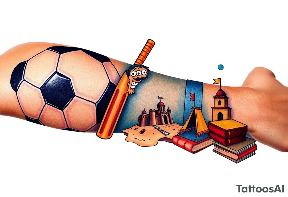 Collage of childhood memories including a football, a cricket bat, the comic character Dennis the Menace, a sandcastle and a small pile of books. tattoo idea