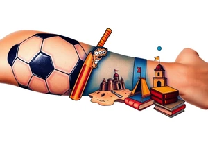 Collage of childhood memories including a football, a cricket bat, the comic character Dennis the Menace, a sandcastle and a small pile of books. tattoo idea