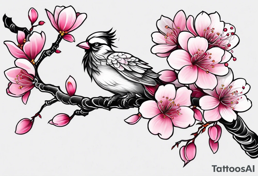 Pink Sakura branch, black and white phoenix tattoo idea