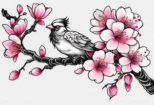 Pink Sakura branch, black and white phoenix tattoo idea