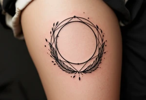 Geometric Circle with Feather Accents – A minimalist geometric circle with subtle feather designs, symbolizing freedom, flow, and feminine grace. tattoo idea