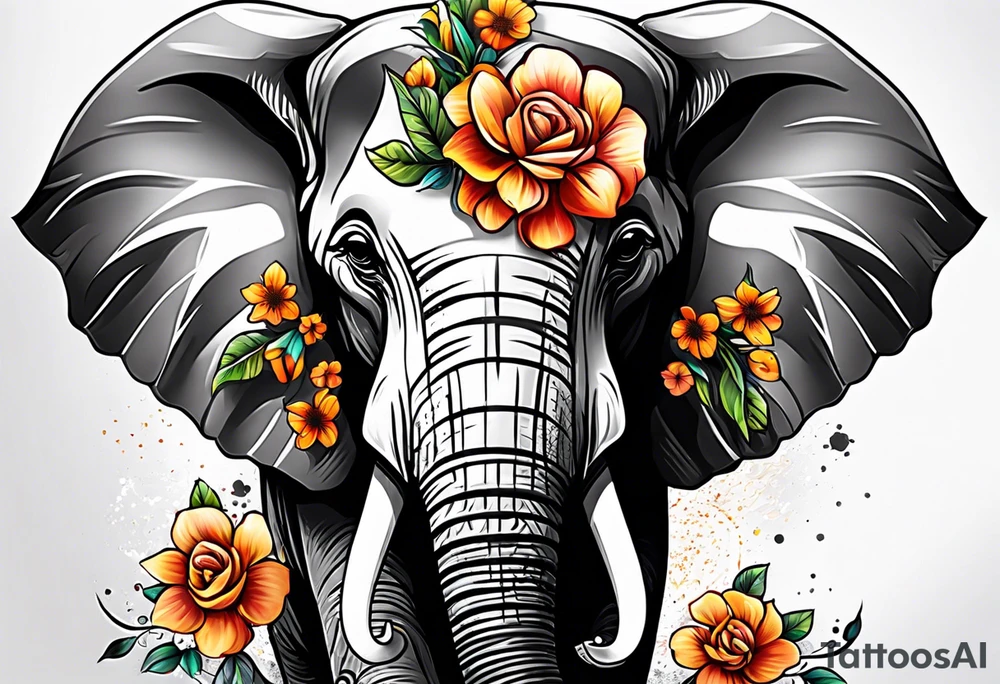 elephant face with flowers tattoo idea