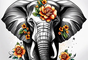 elephant face with flowers tattoo idea