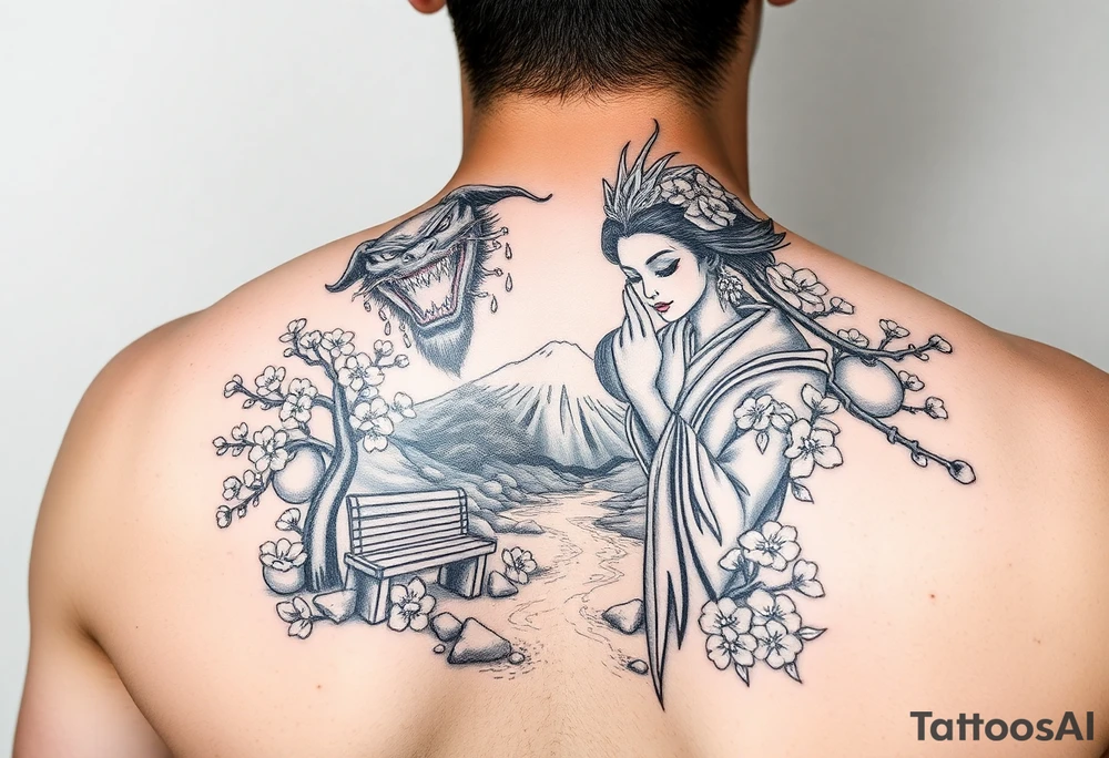 Fierce Japanese demon and geisha with cherry blossom tree river and stone bench mt fuji tattoo idea