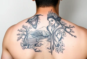 Fierce Japanese demon and geisha with cherry blossom tree river and stone bench mt fuji tattoo idea