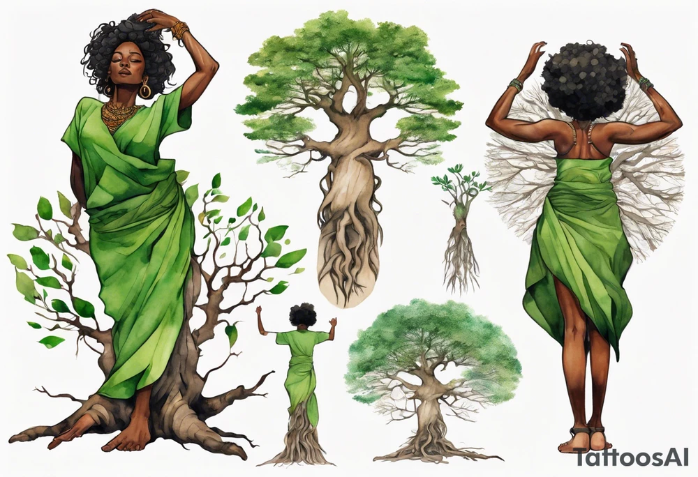 a tree trunk with roots that is a black woman from the waist up, feet made of tree roots, arms reaching up to the sun, wearing a green tunic tattoo idea