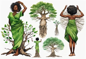 a tree trunk with roots that is a black woman from the waist up, feet made of tree roots, arms reaching up to the sun, wearing a green tunic tattoo idea