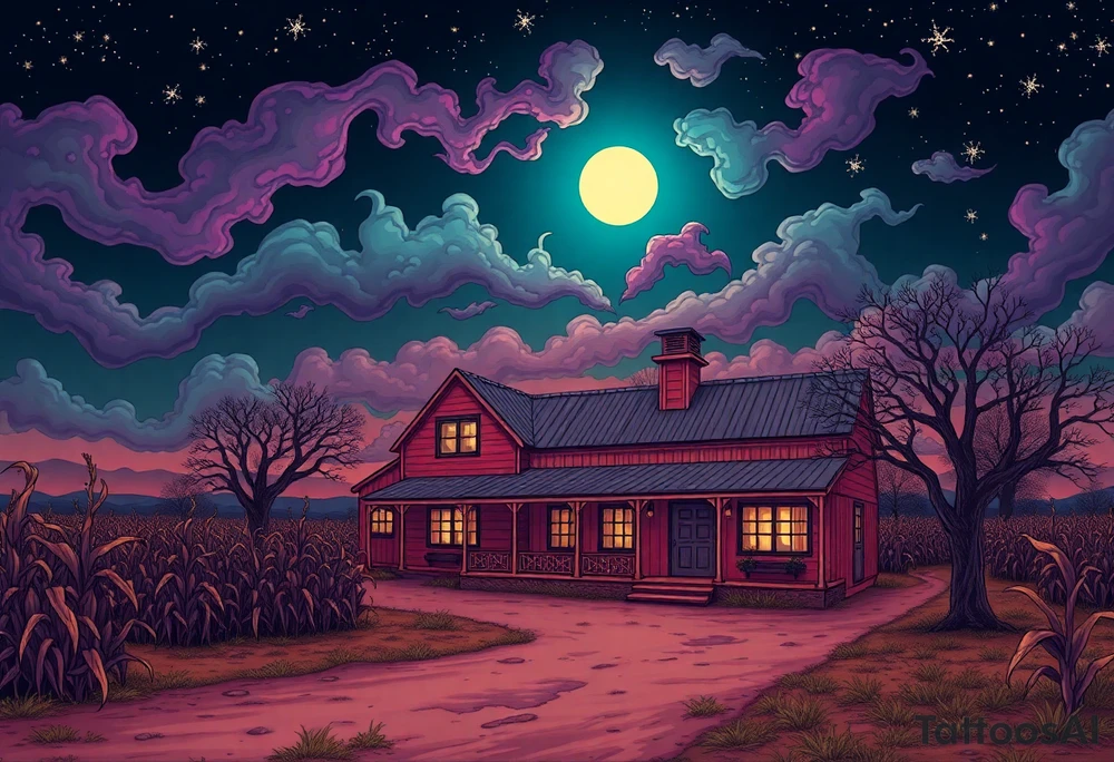 Tim Burton’s el paso texas farm house, with corn crops and pecan orchard from outside view is the street abandoned and dripping with muted reds, dusty pinks, and eerie green glow purple and cyan smokey clouds swirl and dance in the moonlit night sky filled with twinkling stars  tattoo idea tattoo idea