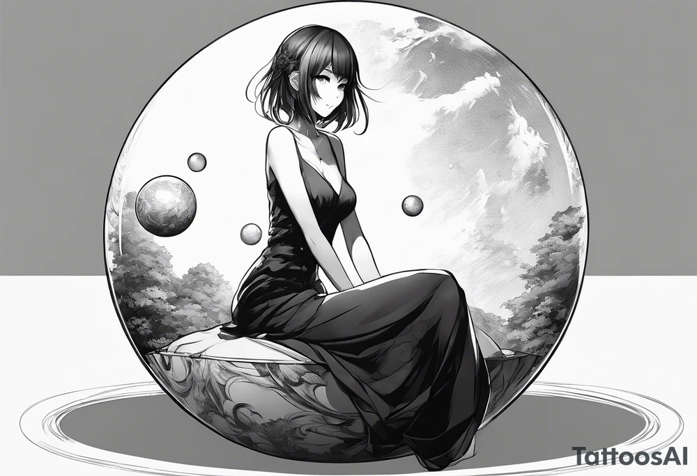 an anime girl sitting on a small sphere, staring front tattoo idea