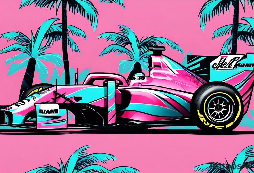 Formula 1 Helment with the Miami name a palm tree and pink black and light blue colors tattoo idea