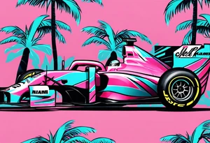 Formula 1 Helment with the Miami name a palm tree and pink black and light blue colors tattoo idea