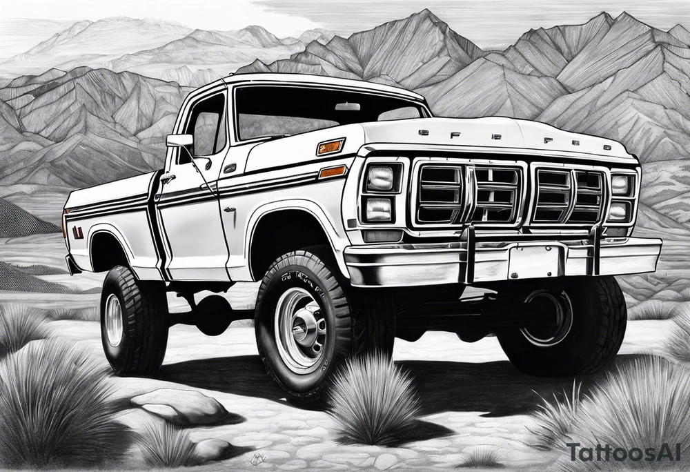 1974 ford f-100 in front of mountains tattoo idea