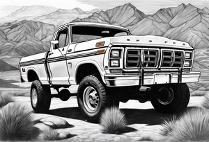 1974 ford f-100 in front of mountains tattoo idea