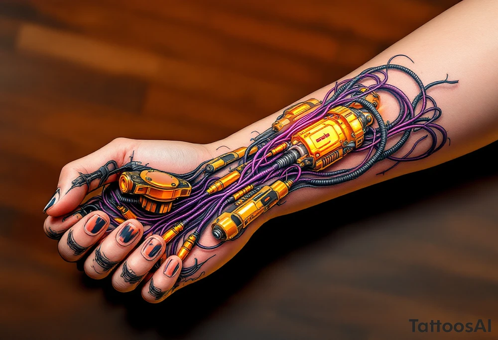 A tattoo of a partially opened human forearm revealing glowing golden servos and deep purple wiring inside. tattoo idea