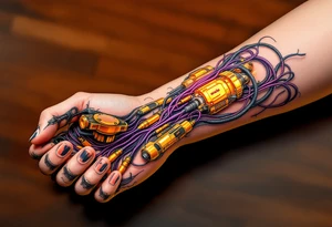 A tattoo of a partially opened human forearm revealing glowing golden servos and deep purple wiring inside. tattoo idea