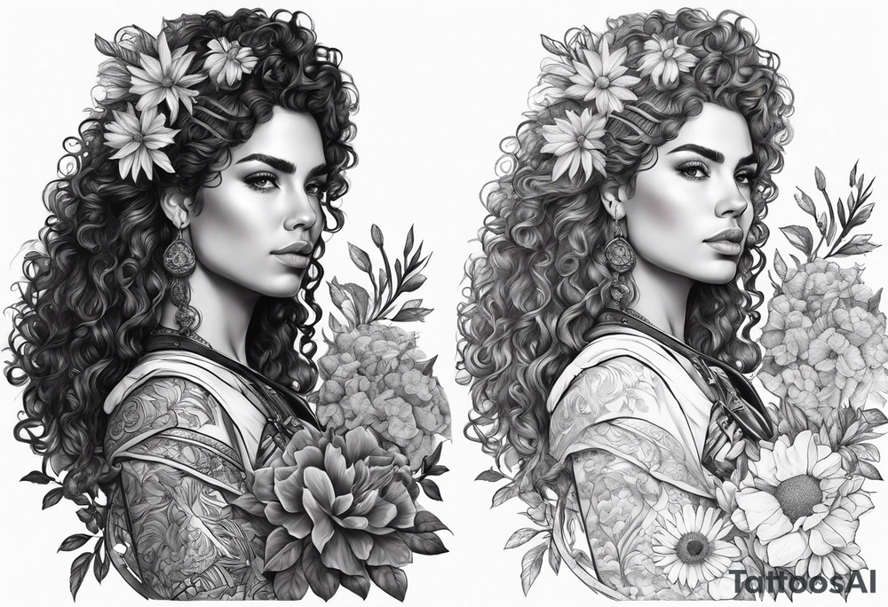 Spanish woman valkyrie curly hair half with sword sleeve arm wildflowers tattoo idea