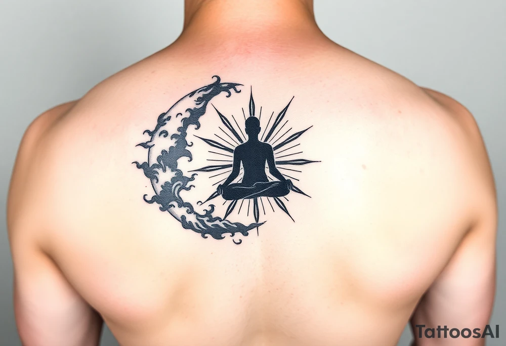 yin-yang one side storm one side sunshine central meditative silhouette figure tattoo idea