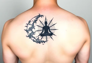 yin-yang one side storm one side sunshine central meditative silhouette figure tattoo idea