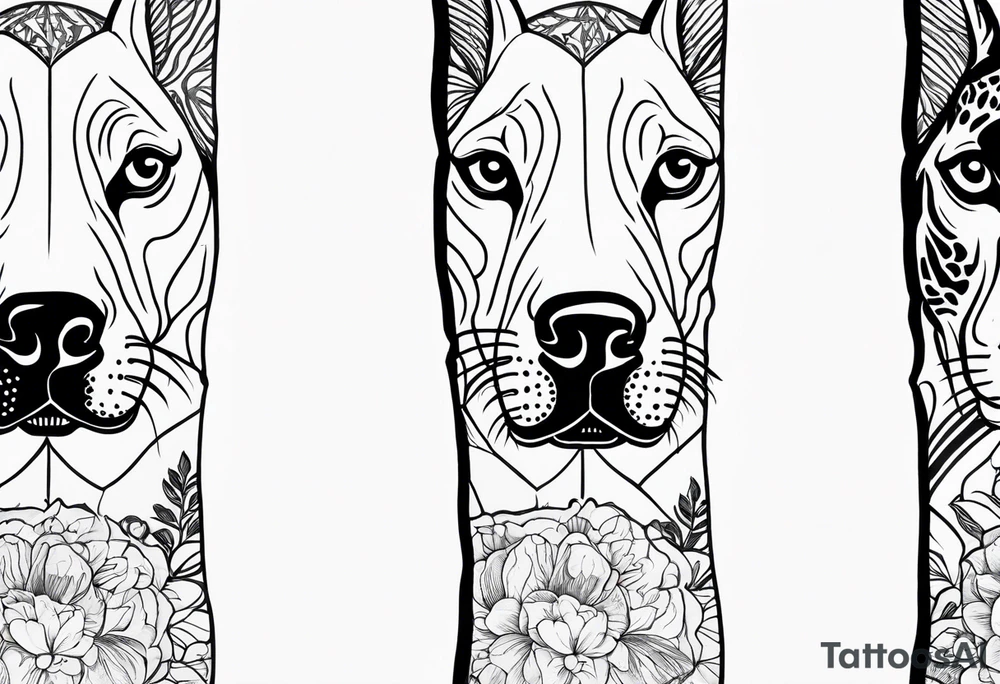 Arm sleeve that has 4 Great Dane heads mixed in with other fill work that resembles the outdoors tattoo idea