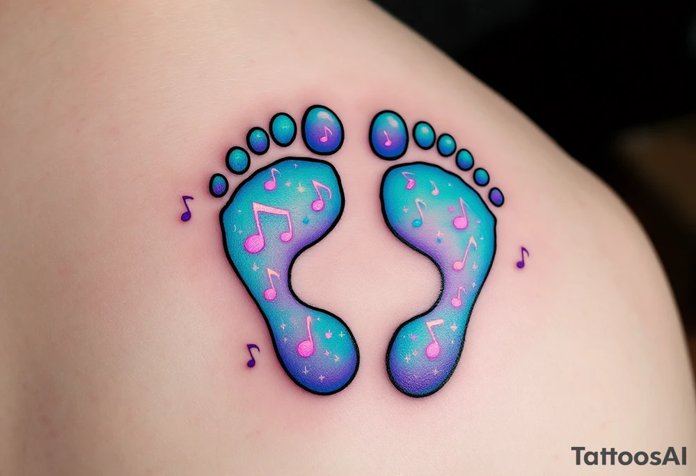 Turquoise and soft violet footprints of Petr, surrounded by little music notes that reflect his lively and joyful spirit. tattoo idea