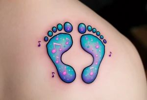 Turquoise and soft violet footprints of Petr, surrounded by little music notes that reflect his lively and joyful spirit. tattoo idea