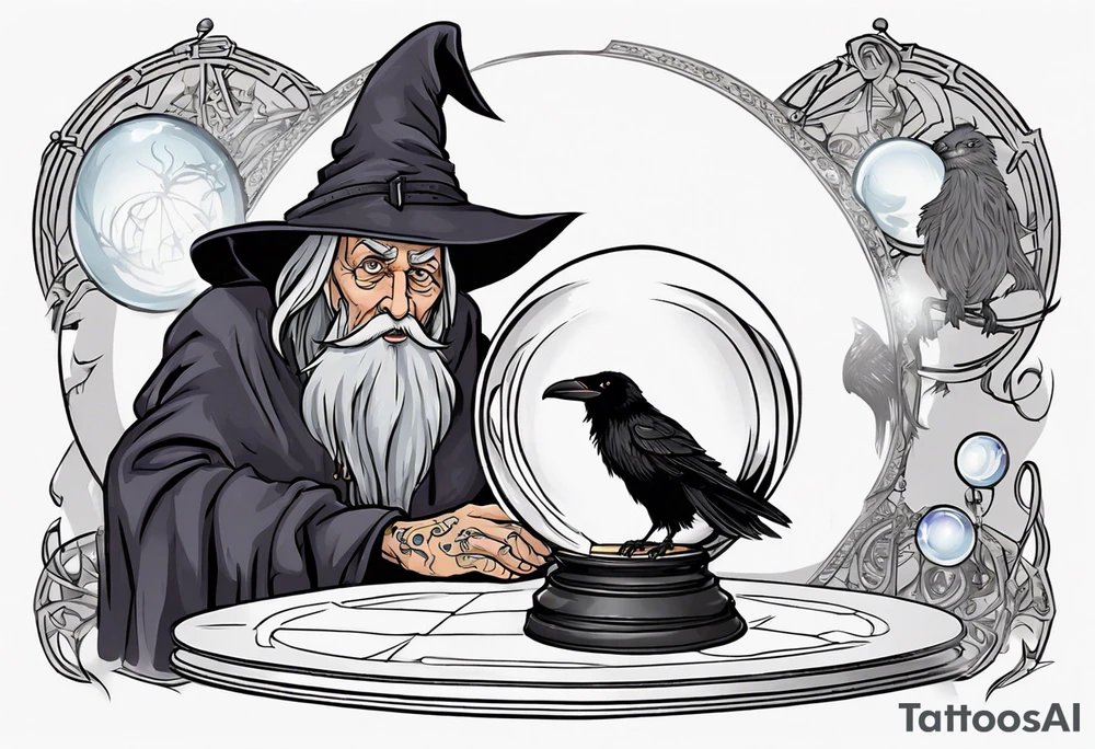Wicked old wizard with long grey beard and no pupils behind a crystal ball on a table with a raven beside the crystal ball tattoo idea