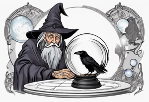 Wicked old wizard with long grey beard and no pupils behind a crystal ball on a table with a raven beside the crystal ball tattoo idea