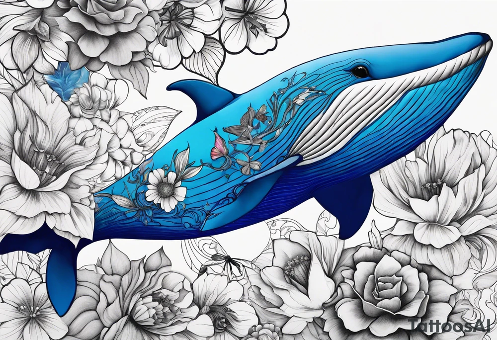 Surrealism, blue whale, hummingbird, gray lady face, flowers, bold color, collage tattoo idea