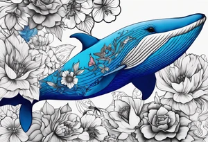 Surrealism, blue whale, hummingbird, gray lady face, flowers, bold color, collage tattoo idea