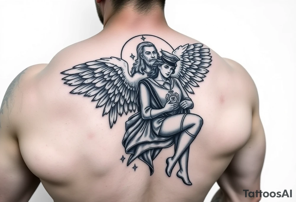 Muscular male guardian angel carrying female officer in the United States coast guard tattoo idea