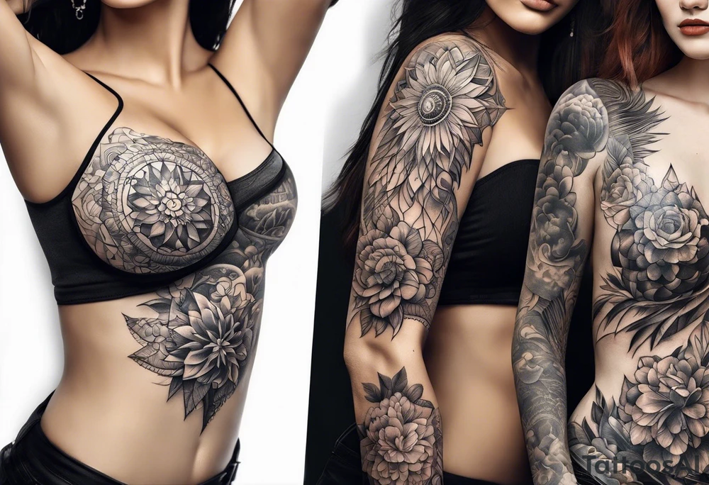 Two separate ideas for day and night placed on each breast tattoo idea