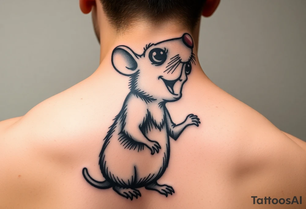 so--try it from the profile...a big head, big eyes, outside the head, big nose
A rat standing uprightwith all his body
Very large, bulging eyes popping out
A cheeky smile
Cartoon style, not baby-like tattoo idea