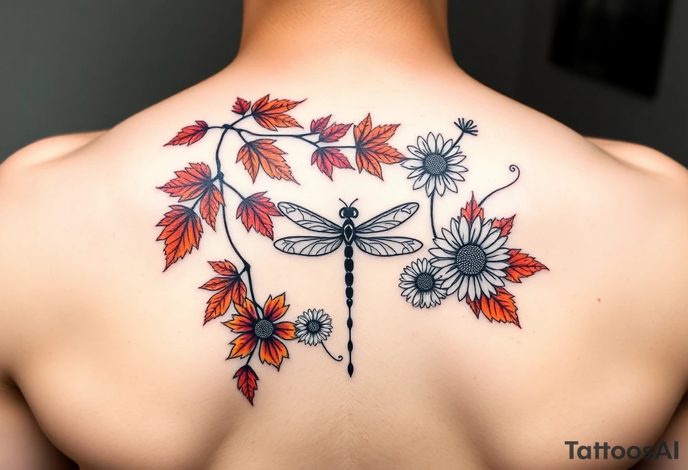 Create a vine with Maple leaves in red, orange and brown and gerbera daisies connected with thin swirly lines. Add in a dandelion wish and a dragonfly tattoo idea